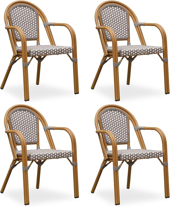 PURPLE LEAF French Bistro Armchairs Set of 4 Aluminum Waterproof Rattan Wicker by PURPLELEAF