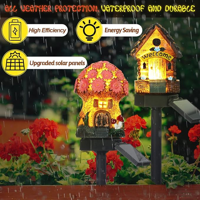 2 Pack Mushroom Fairy House Solar Light Spring Outdoor Garden Home Statue LED - Image 2