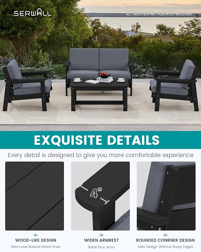 SERWALL 4 Piece HDPE Outdoor Furniture Set, All Weather Wood-Like Outdoor Sofa - Image 4