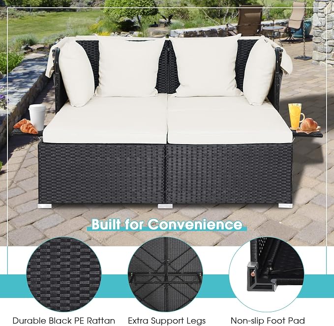 Moccha Outdoor Daybed with Retractable Canopy, Wicker Cabana with 2 Side Tables - Image 7