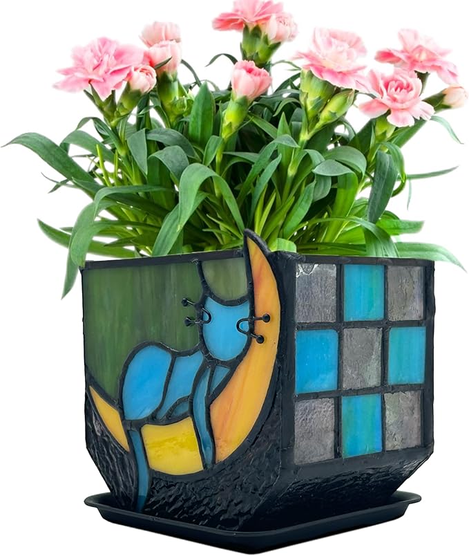 Tiffany Stained Glass Unique Moon Sleeping Blue Cat Planter, Indoor Plant Pots by Entlityful