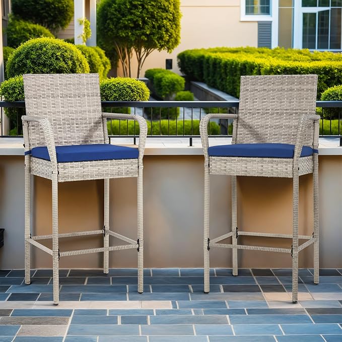 ECOTOUGE Set of 2 Patio Rattan Barstools, All-Weather Wicker Bar Height Chairs - Image 7