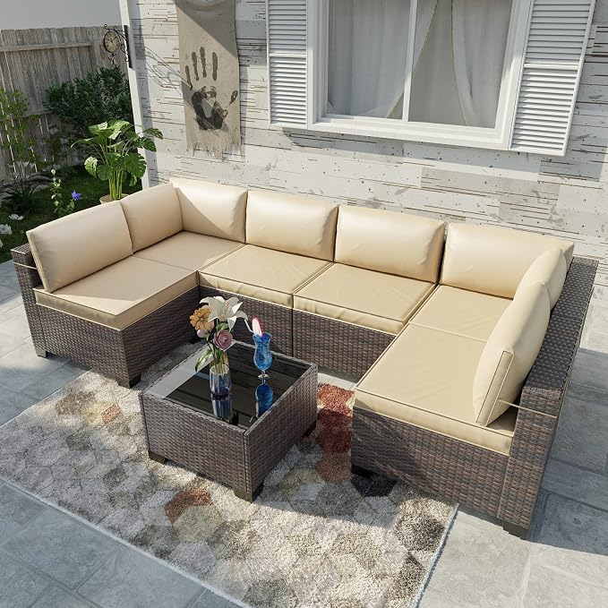 Kullavik 7 Pieces Outdoor Patio Furniture Set, Sectional Rattan Sofa Set Brown - Image 2