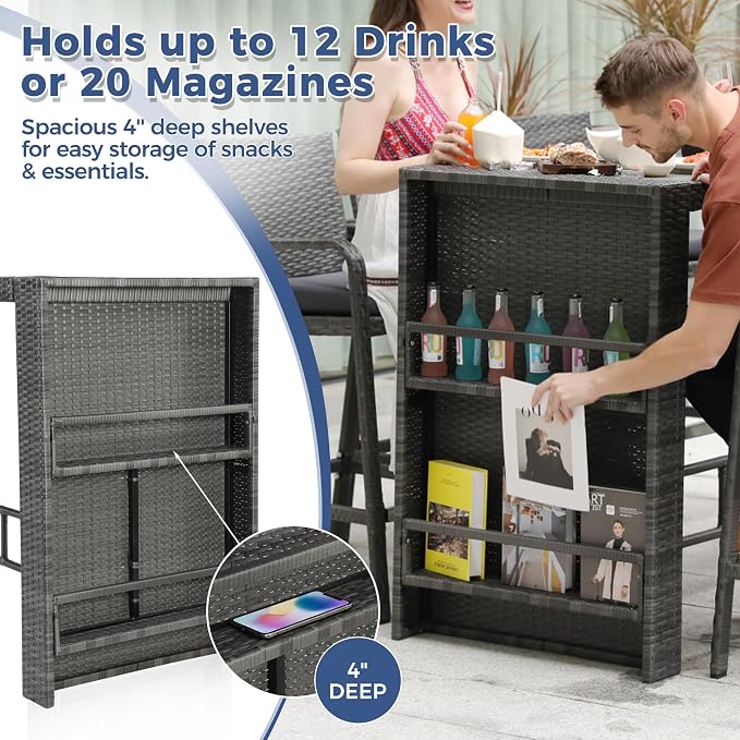 NICESOUL 7-Piece Outdoor Patio Bar Set, Wicker High Top Table - Image 6