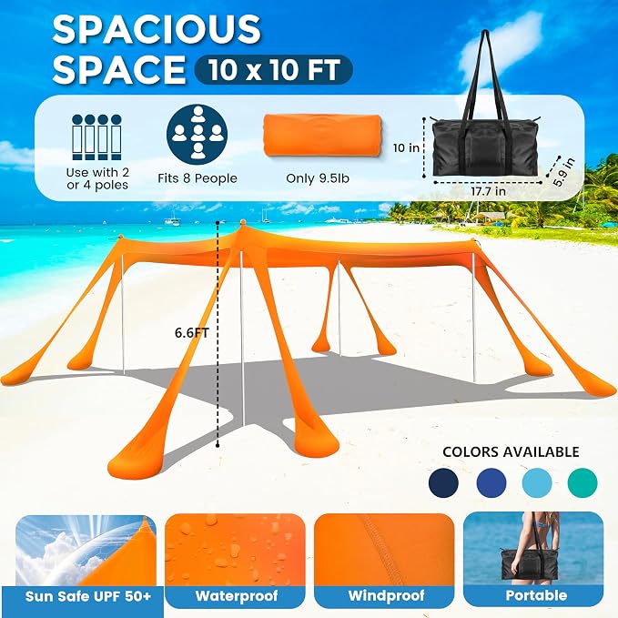 Beach Canopy Beach Tent Pop Up Shade 10x10ft Sun Shelter UPF50+ - Image 2