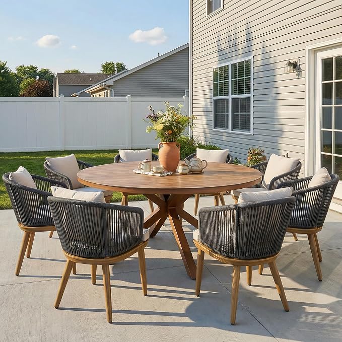 PURPLE LEAF 9 Pieces Patio Dining Set Wicker Outdoor Furniture Round Table and by PURPLELEAF