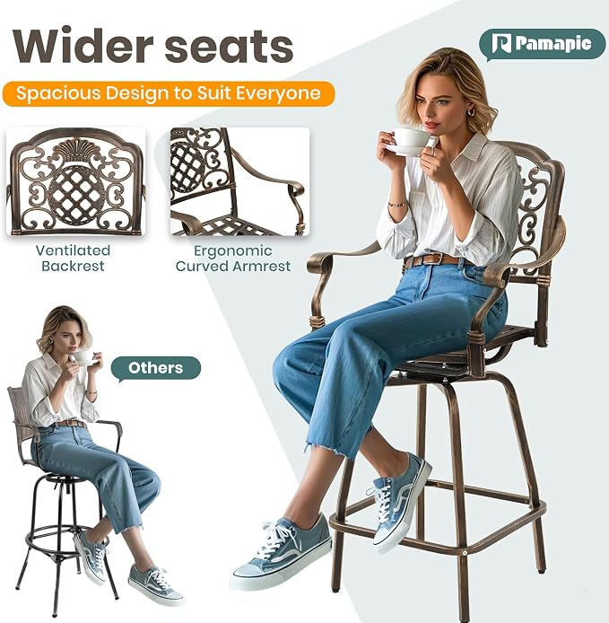 Pamapic 3-Piece Patio Swivel Bar Stools Set，Rustproof Cast Aluminum Patio Bar - Image 4