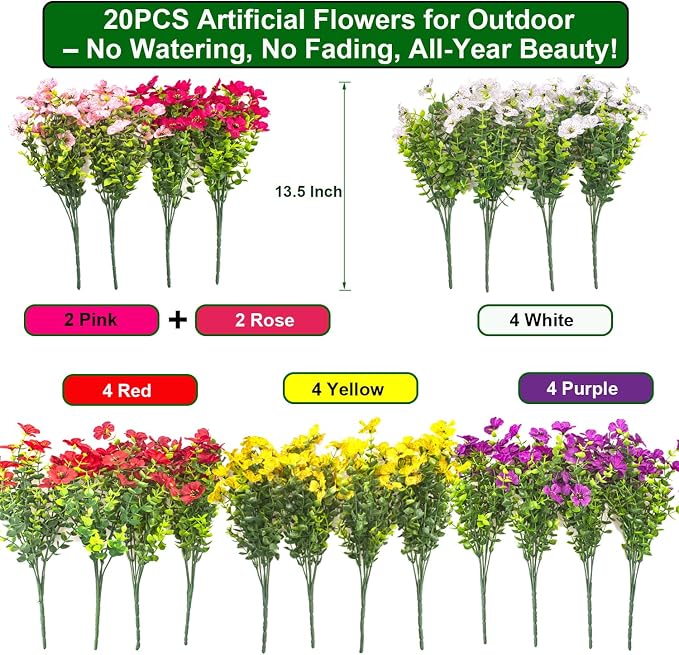 20 Bundles Artificial Flowers for Outdoors, UV Resistant Fake Plants Flowers - Image 2