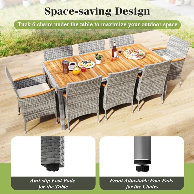Tangkula 9 Pieces Patio PE Wicker Dining Set, Outdoor Acacia Wood Table and - Image 9