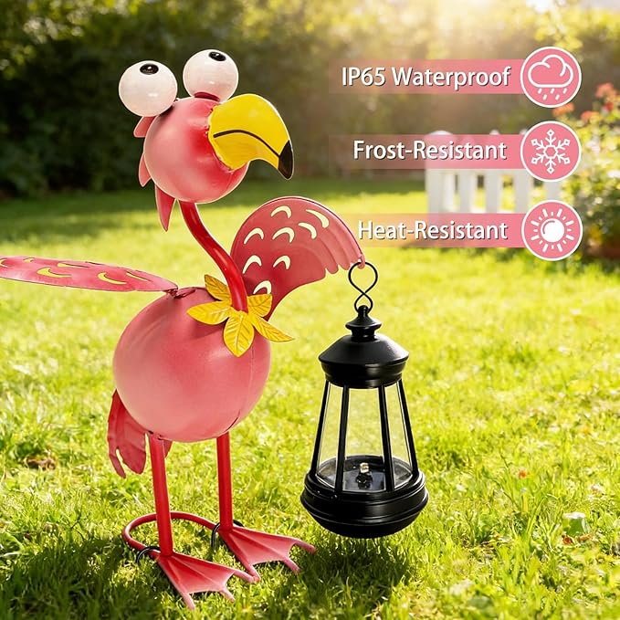 Solar Flamingo Statue with Lights, 13in Tall Solar Flamingo Garden Sculptures - Image 8