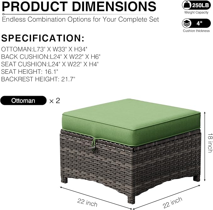 Joyside Outdoor Ottoman Set of 2, Patio Large Ottoman Foot Rest - Image 3