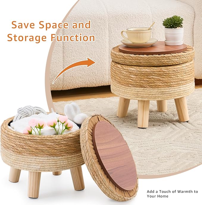 Cpintltr Storage Ottoman Poufs Handwoven Footstool Natural Seagrass Round - Image 6