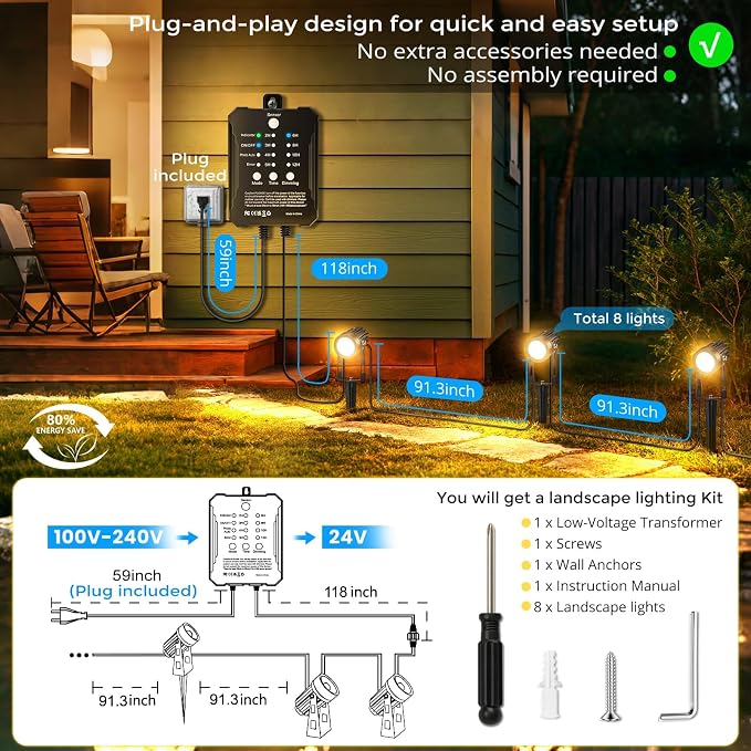 Plug and Play Low Voltage Landscape Lighting Kit, Warm White Waterproof Outdoor - Image 3