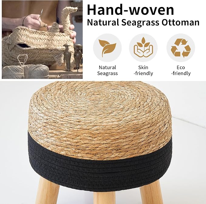 Round Ottoman Natural Seagrass Footstool, Foot Stool - Image 6