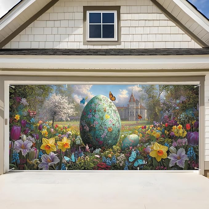 ANNA QUEEN Easter Garage Door Banner 6x13FT, Giant Floral Easter Egg Garden by ANNAQUEEN