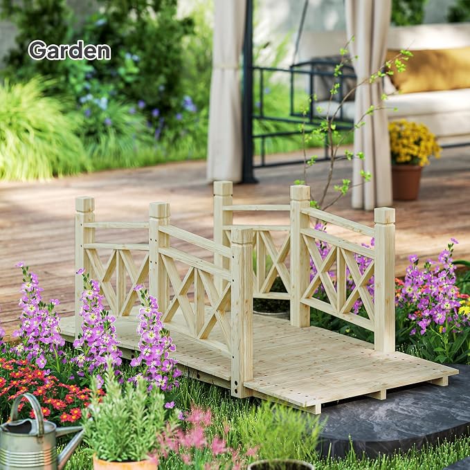 5FT Wooden Garden Bridge with Handrails, Decorative Landscape Footbridge - Image 2