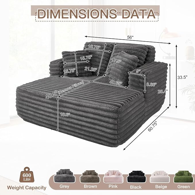 56" Oversized Chaise Lounge Chair Indoor, Plush Faux Fur Sleeper Sofa Couch Bed - Image 2