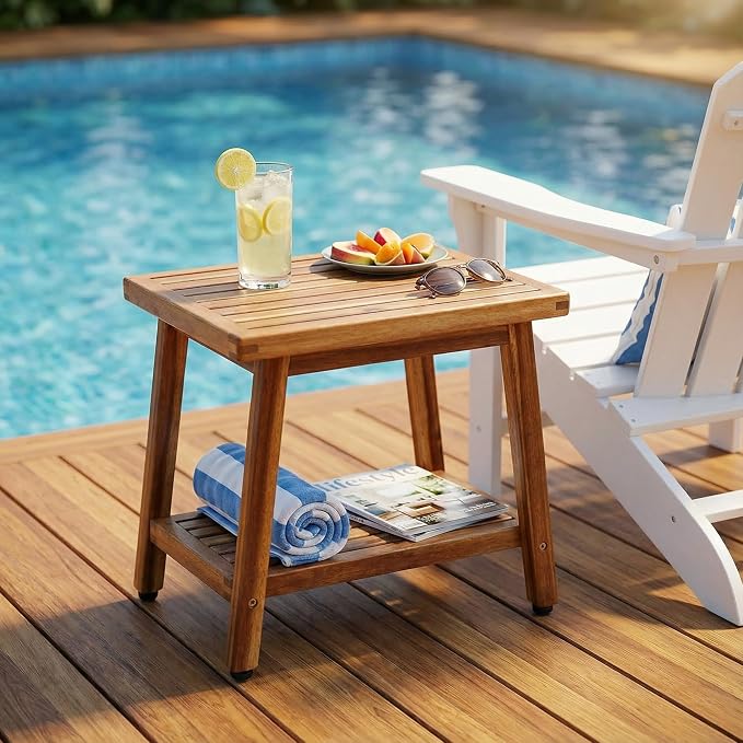 ENKEZI Small Acacia 16 Inches Outdoor Side Table, 2-Tier Sturdy Patio, End - Image 2