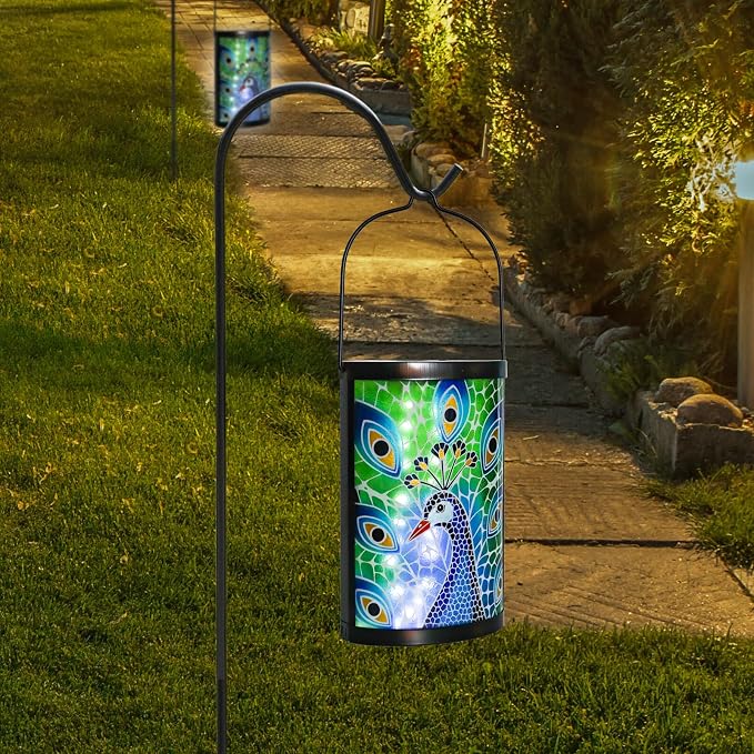 Hanging Solar Lantern Outdoor Waterproof Peacock Solar Lights Glass Tabletop - Image 6