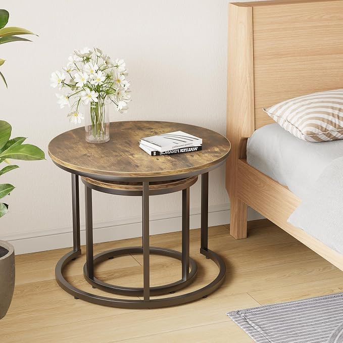 Smuxee Nesting Coffee Table Set of 2, 23.6" Round Coffee Table Rustic Wood Top - Image 7