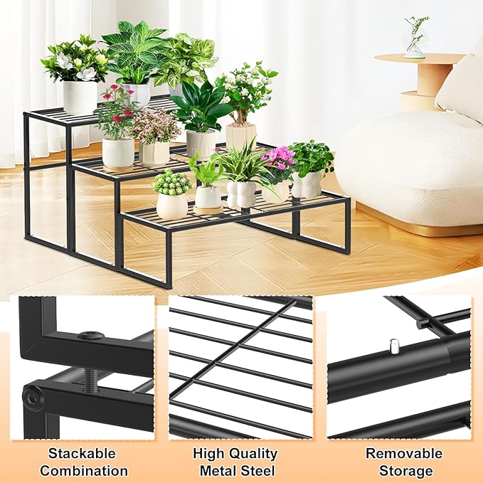 3 Tier Metal Plant Stand Indoor Outdoor, Potted Multiple Flower Pot Holder Rack - Image 3