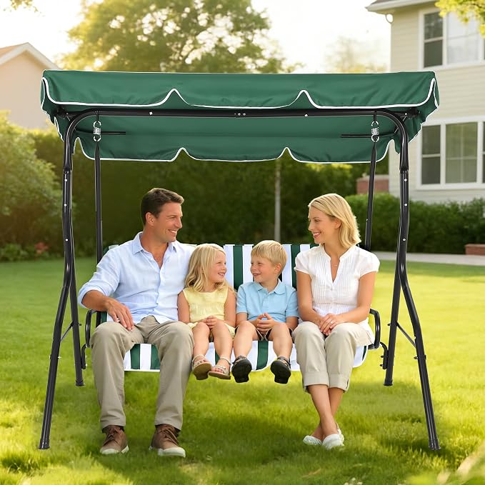 Outdoor Porch Swing Chair with Adjustable Canopy & Striped Seat Cushion - Image 4