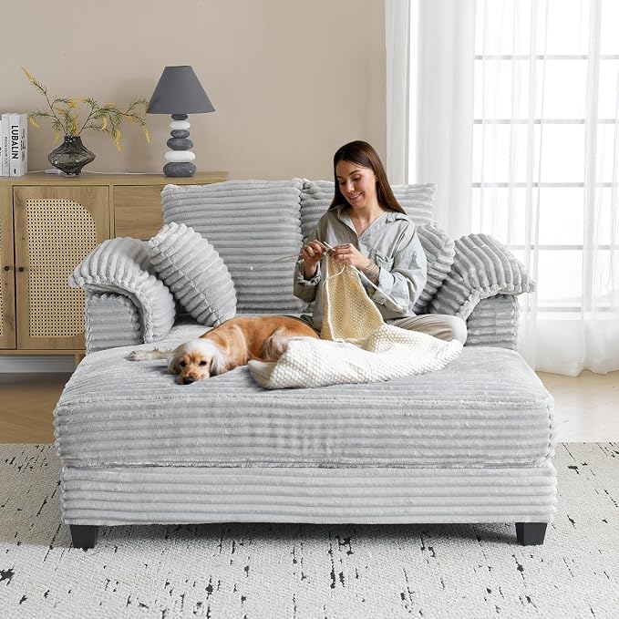VINGLI 56" Oversized Chaise Lounge Chair, Light Grey Comfy Corduroy Chaise Sofa - Image 8