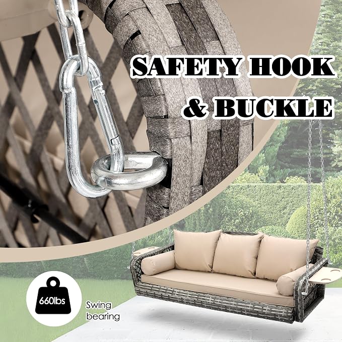 3-Person Hanging Porch Swing, Outdoor Wicker Hanging Swing Chair, 76inch Wicker - Image 3