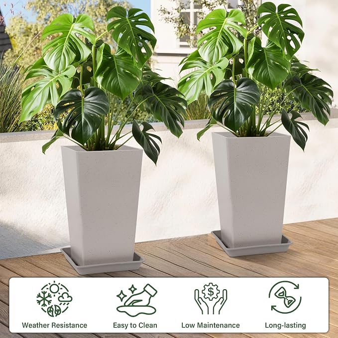 Set of 2 Tall Planter, 21 inch Large Plastic Planter - Image 2