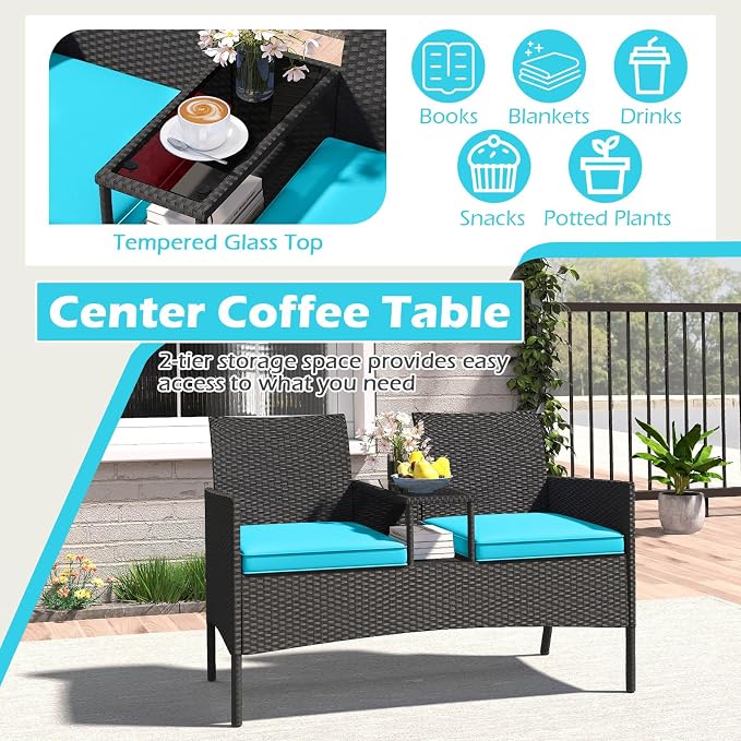 Tangkula Patio Loveseat with Built-in Table, Wicker 2-Seat Furniture with Soft - Image 8