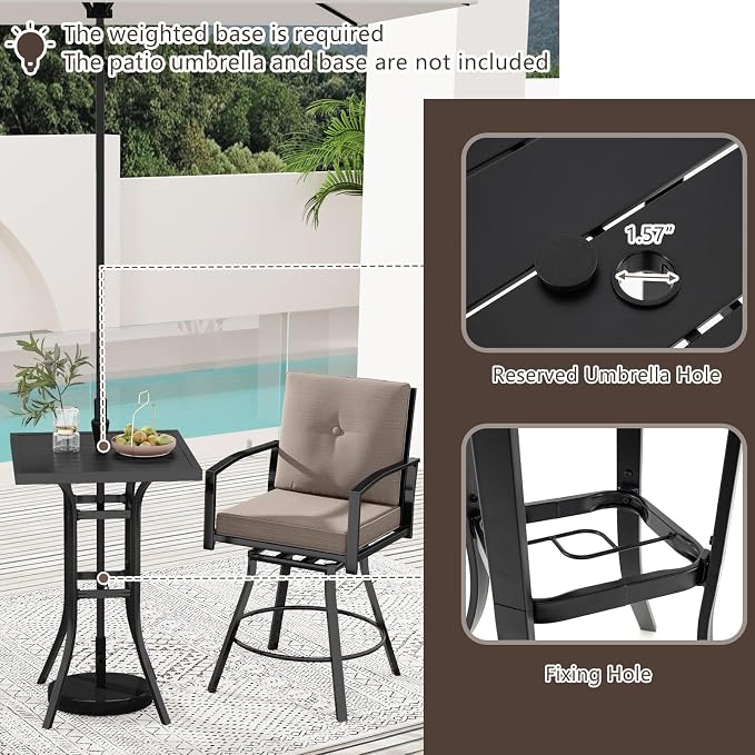 Tangkula 3 Pieces Patio Swivel Bar Set, Outdoor Metal Bar Table and Chairs Set - Image 6