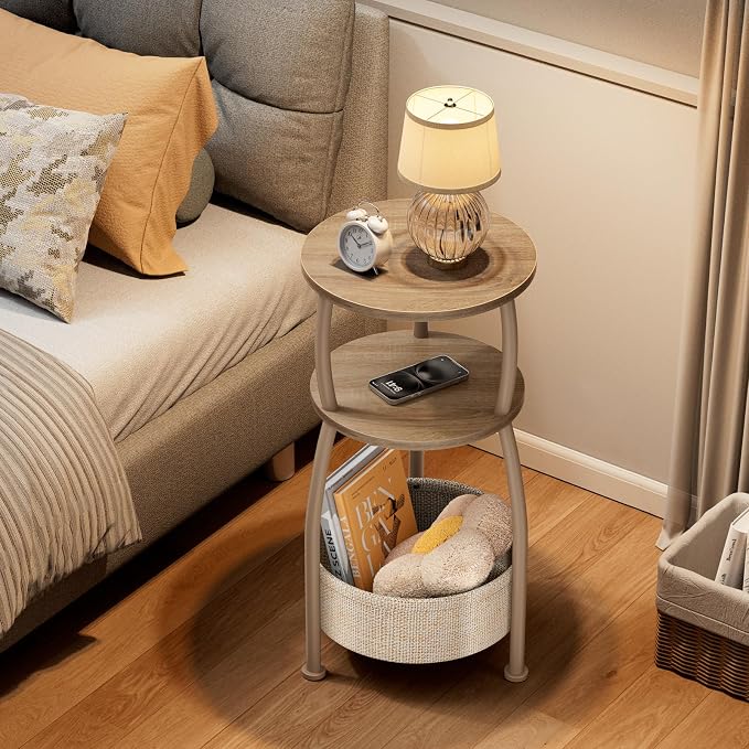 Small Side Table with Storage Basket, Space Saving Round End Table 3-Tier - Image 4