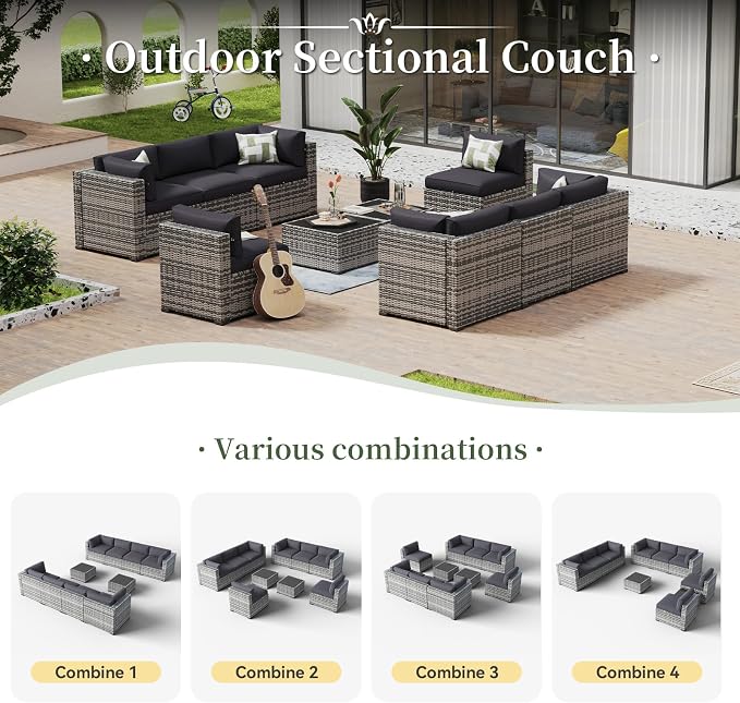Aoxun 10 Piece Patio Furniture Set Wicker Rattan Patio Conversation Set Outdoor - Image 7