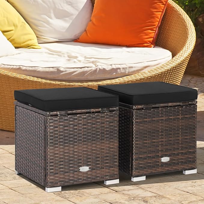 Tangkula 2 Pieces Patio Ottomans, Patiojoy Hand-Woven PE Rattan Side Table - Image 2