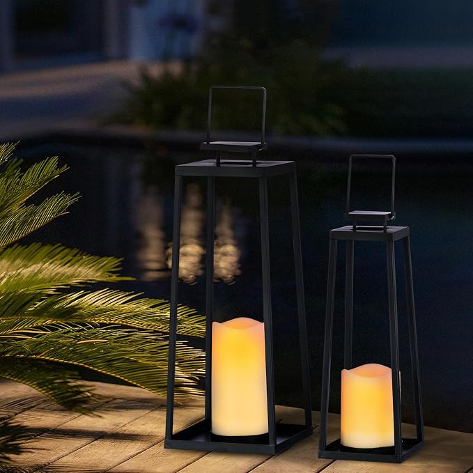 Solar Lantern Decorative Outdoor Set of 2 Modern Black Metal Lanterns - Image 6
