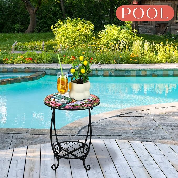 Outdoor Side Table Round Small Mosaic Patio Accent Indoor End Plant Metal - Image 4