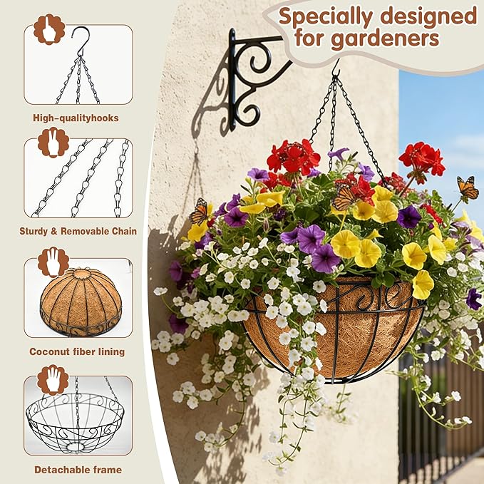 10 inch Metal Hanging Baskets For Plants Outdoor 4 Pack Round Metal Wire - Image 6