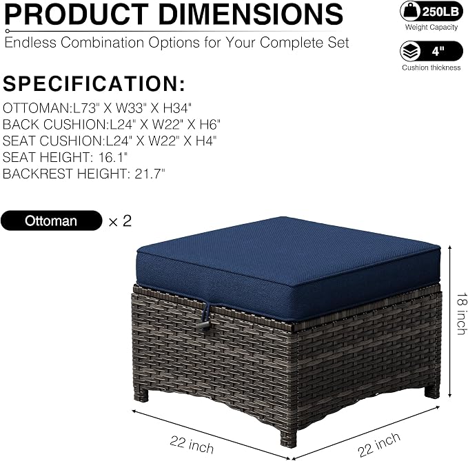 Joyside Outdoor Ottoman Set of 2, Patio Large Ottoman Foot Rest - Image 3
