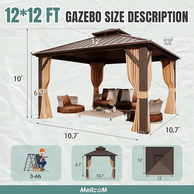 MELLCOM 12' x 12' Gazebo, Hardtop Double Roof Gazebo - Image 5