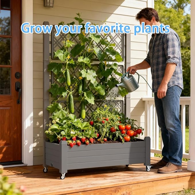 Mobile Garden Planter with Trellis & Lockable Wheels, Outdoor Raised Bed with - Image 7