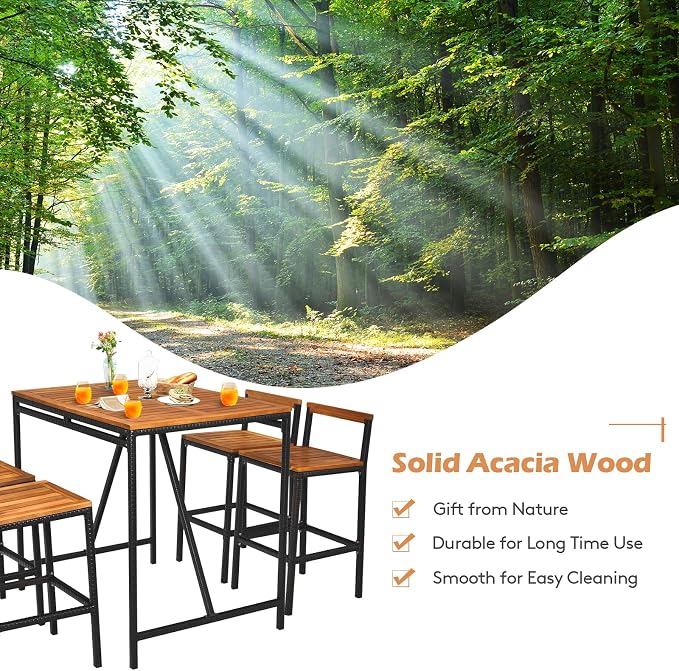 Tangkula 5-Piece Outdoor Acacia Wood Bar Table Set, Bar Height Outdoor and - Image 6