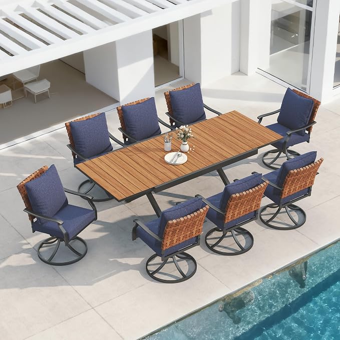 Grand patio 9-Piece Outdoor Dining Set, 8 Leather-Look Wicker Blue Swivel Patio by GrandPatio