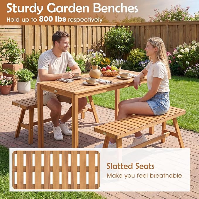 Tangkula 3 Pieces Acacia Wood Patio Dining Set, Outdoor Rectangular Table and - Image 5