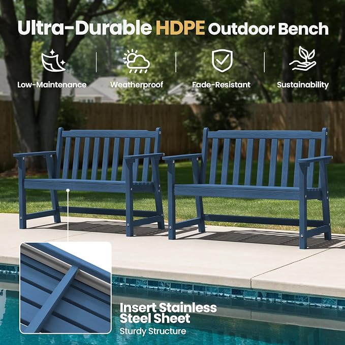 Ciokea 48" Outdoor Bench Set of 2, HDPE Weatherproof Garden Bench, 2-Person - Image 3