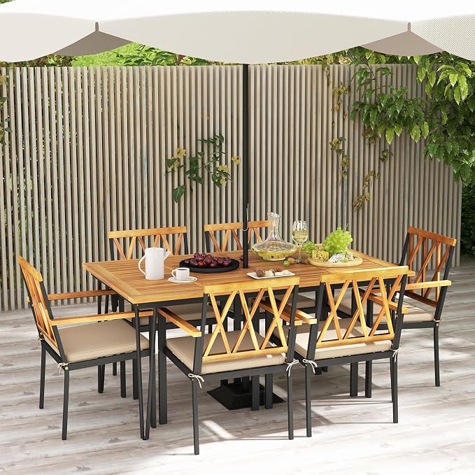 Tangkula 7-Piece Patio Dining Set, Acacia Wood Outdoor Furniture Set - Image 3