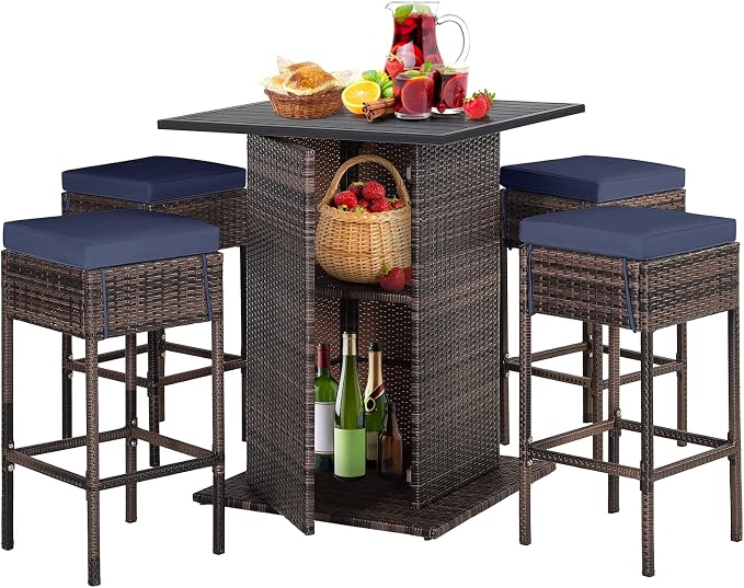 HAPPYGRILL 5 Piece Rattan Bar Set Outdoor Wicker Bar Table and 4 Bar Stools by HAPPYGRILL