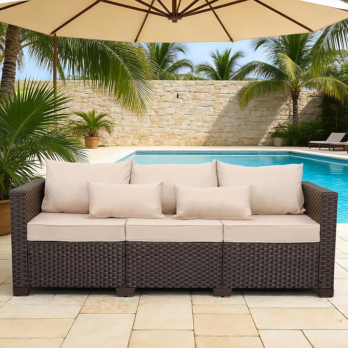 Outdoor Furniture Couch 3 Seater Sofa Outdoor Brown Wicker Sofa Deep Seat High by RattanStar