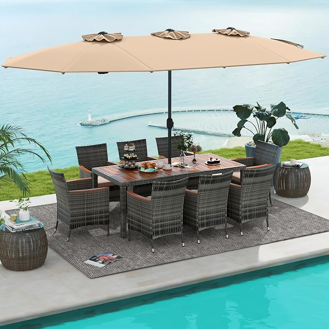 Tangkula 10 Pieces Patio Wicker Dining Set w/Double-Sided Patio Umbrella by TANGKULA