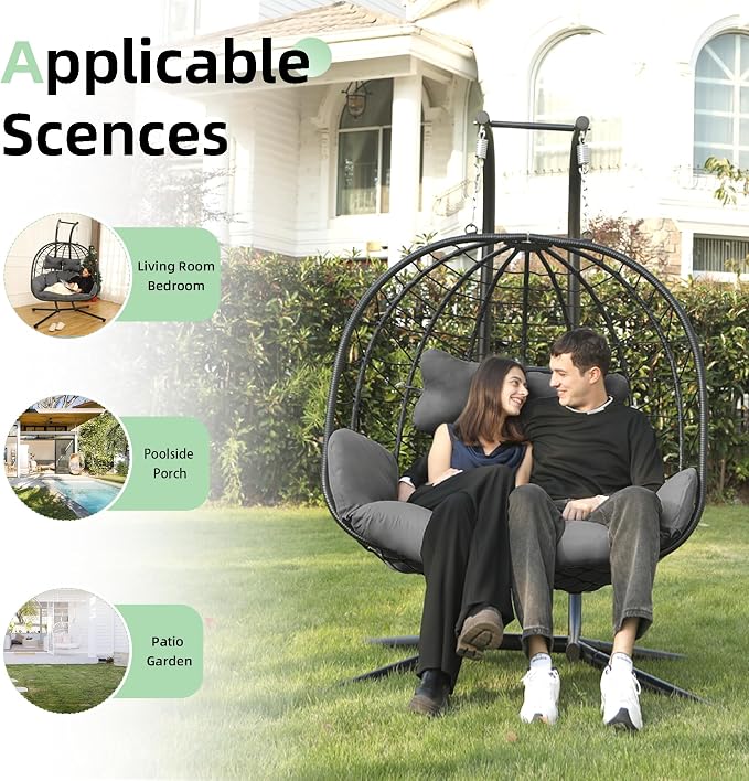 Double Egg Chair with Stand Hammock Swing Chair Foldable Hanging Loveseat - Image 6