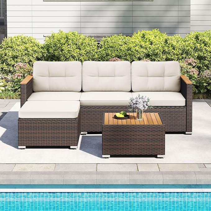 Tangkula 5 Pieces Outdoor Patio Furniture Set, L Shaped Rattan Cushioned Chairs - Image 2